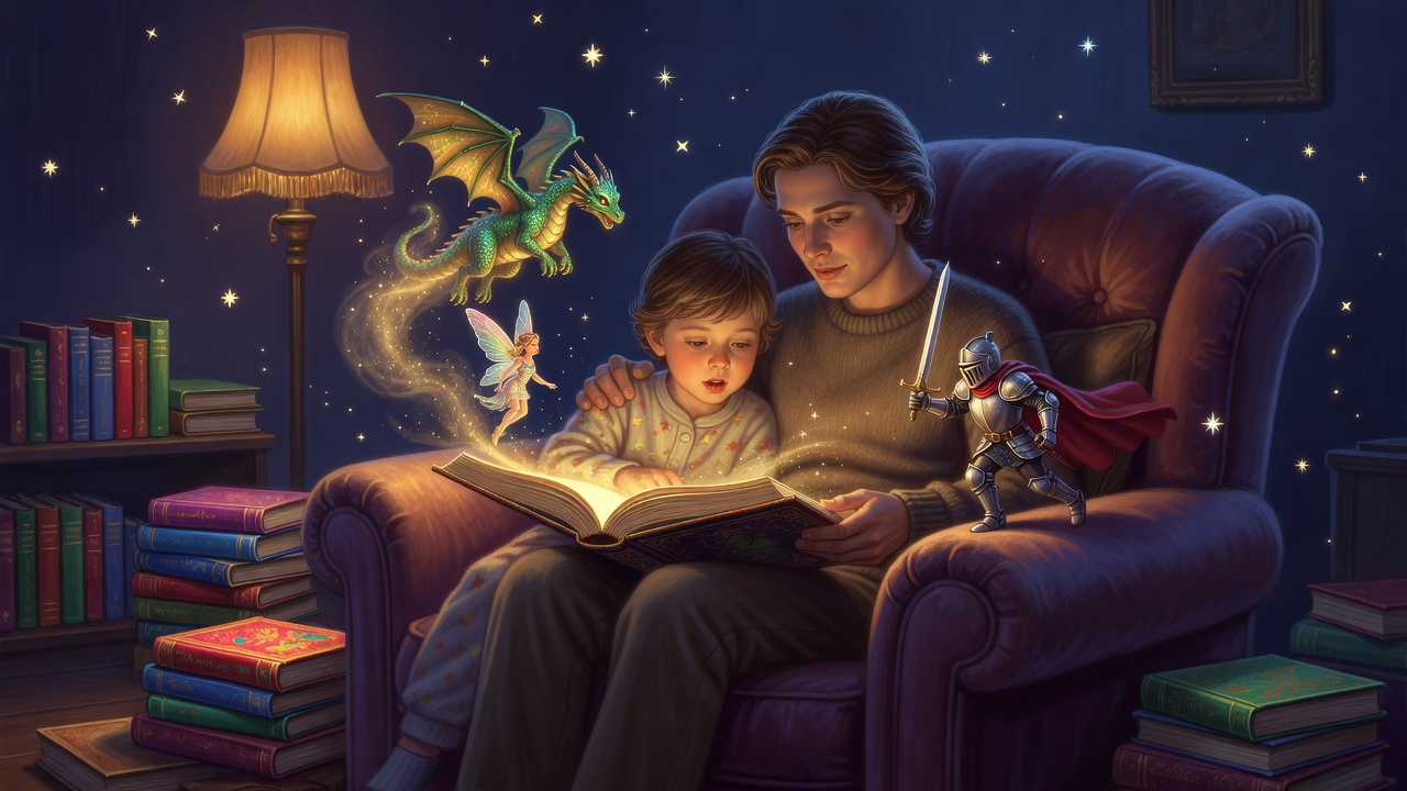 A parent and child reading a magical illustrated book together, with a dragon, fairy and knight leaping from the pages